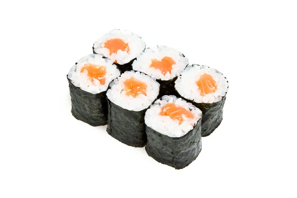 Close-up van maki sushi rolt met zalm — Stockfoto