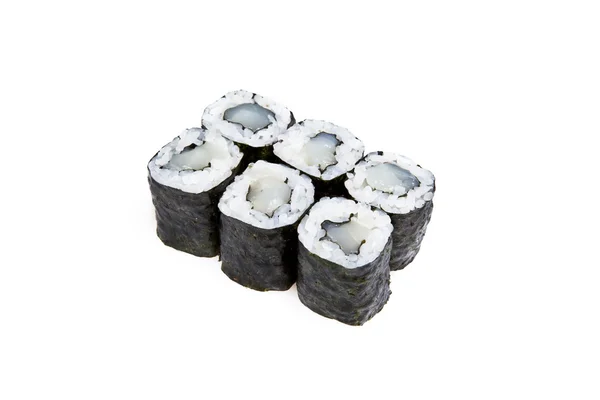 Rollos de sushi Maki con vieira aislada sobre un fondo blanco — Foto de Stock