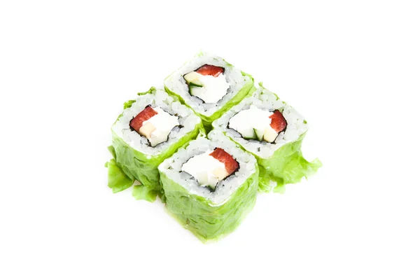 Maki sushi rolls with cucumber and salad — Stock Photo, Image