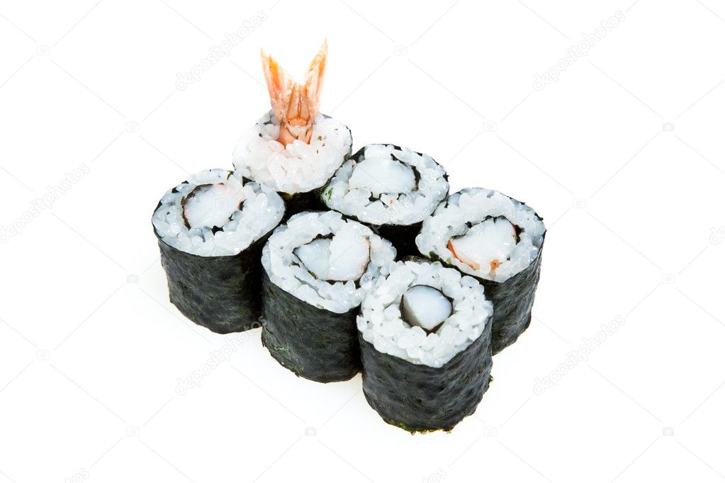 Maki sushi rolls with shrimp isolated on a white background
