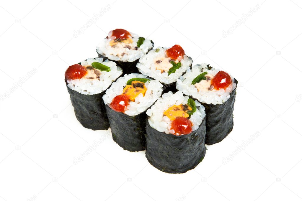 Maki sushi rolls with mussels, isolated on white background