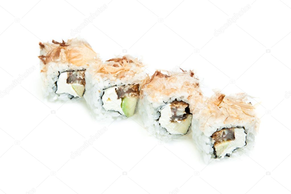 Maki sushi rolls with eel, avocado and tuna