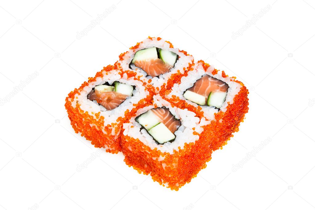 Maki sushi rolls with avocado, salmon and caviar