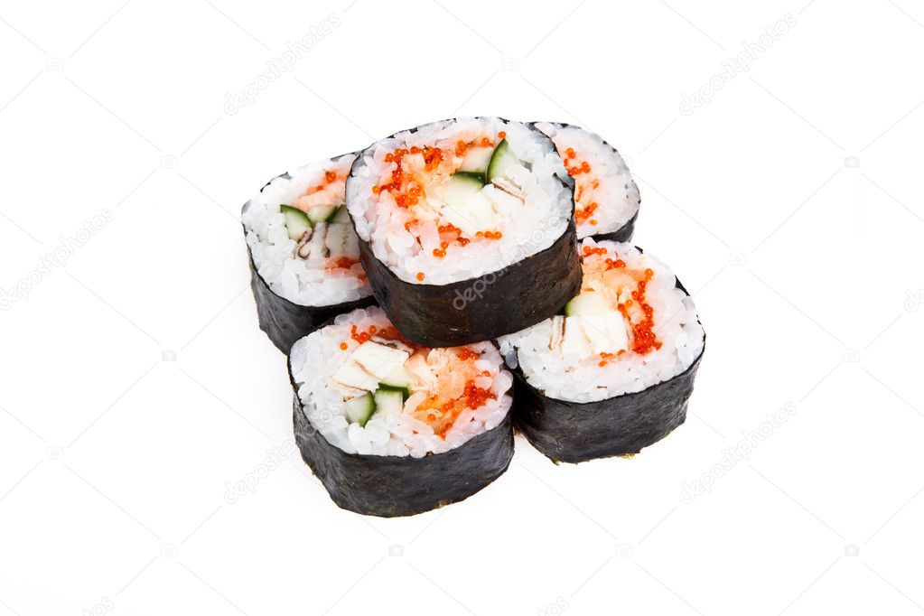 Maki sushi roll with salmon and Japanese omelette