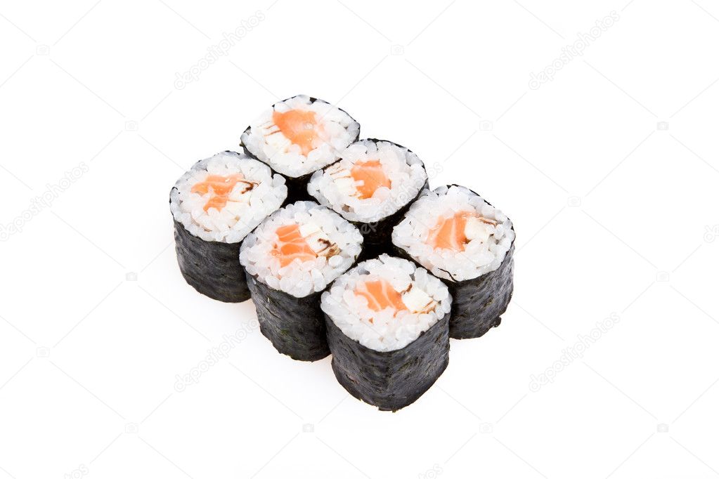 Maki sushi rolls with salmon and omelet
