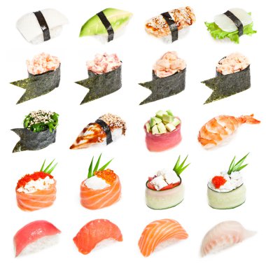 Sushi set - Different types of sushes isolated on white background clipart