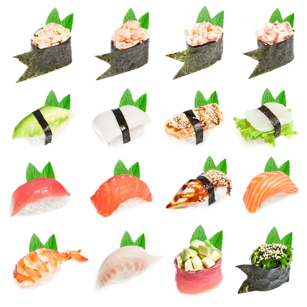 Conjunto de sushi - Diferentes tipos de sushes aislados sobre fondo blanco — Foto de Stock