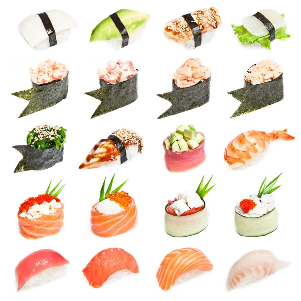 Conjunto de sushi - Diferentes tipos de sushes isolados no fundo branco — Fotografia de Stock