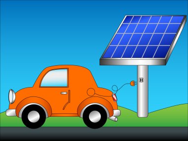 Eco car and solar panel clipart