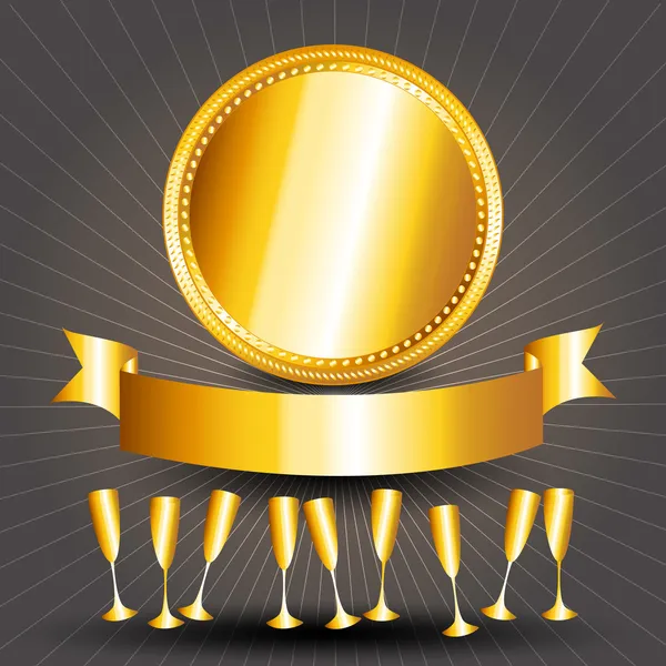Plaque cercle d'or, tasses et bannière de ruban — Image vectorielle