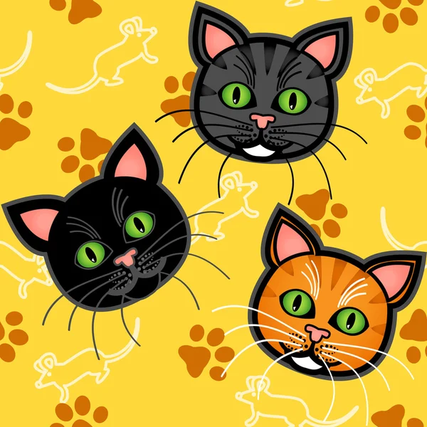 Άνευ ραφής γελοιογραφία γάτα μοτίβο πάνω από το κίτρινο — Διανυσματικό Αρχείο