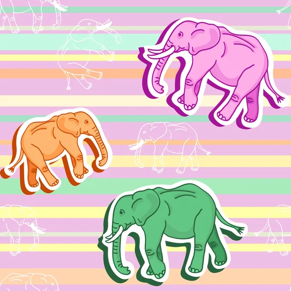 Seamless elephant pattern on pink stripped wallpaper — Stock Vector