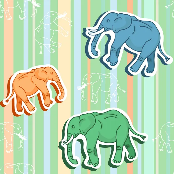 Seamless elephant pattern on green stripped wallpaper — Stock Vector