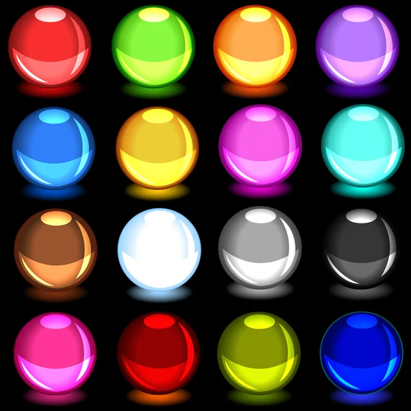 Collection de sphères brillantes colorées sur noir — Image vectorielle