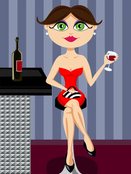 Девушка в баре пьет вино — стоковый вектор