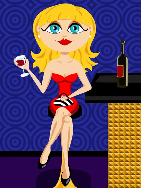 Blond at the bar drinking wine — Stock Vector