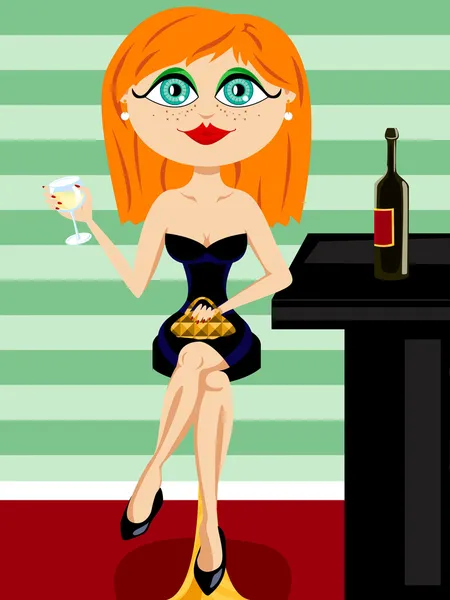 Rote Haare an der Bar, Wein trinkend — Stockvektor