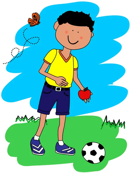 球和苹果的小男孩 — 图库矢量图片