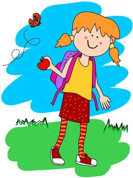 Little girl with backpack and apple — Stock Vector