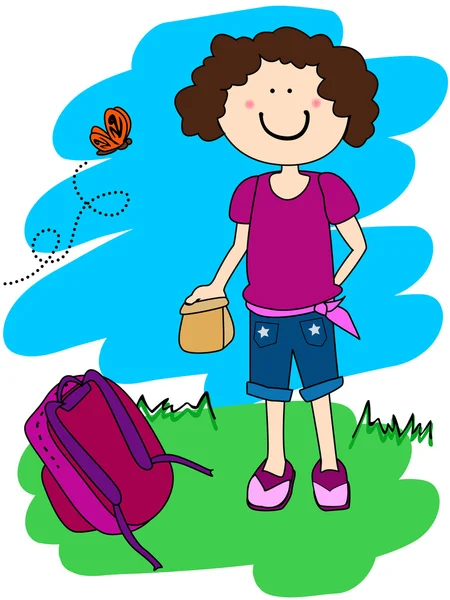 Little girl with lunch and back pack — Stock Vector