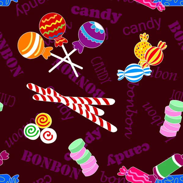 Nahtloses Muster aus Bonbons und Bonbons auf dunklem Hintergrund — Stockvektor