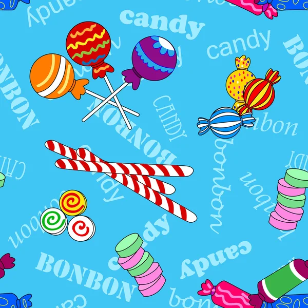 Patrón de caramelo sin costuras sobre azul con bonbon y texto de caramelo — Vector de stock