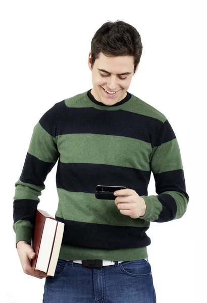 Ung manlig student läsa textmeddelande — Stockfoto