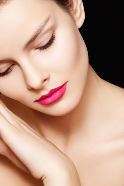 Close-up side view of beauty with clean skin & bright make-up clipart