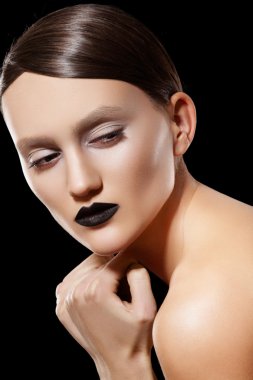 Fashion woman with slicked hairstyle, make-up & black lips clipart