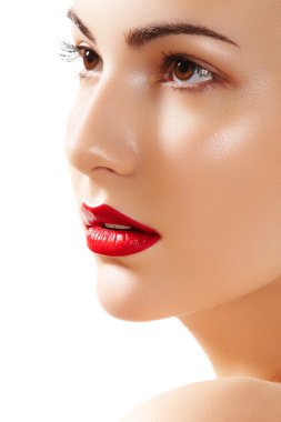 Close-up portrait of beautiful woman. Purity face with bright red lips clipart