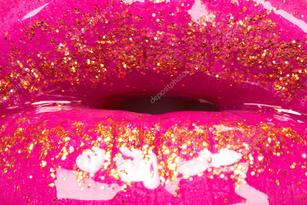 Glamour fashion bright pink lips gloss make-up with gold glitter. Macro  Stock Photo by ©Seprimoris 6913888