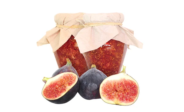 Fig fruits and fig jam isolated on white — Stock Photo, Image