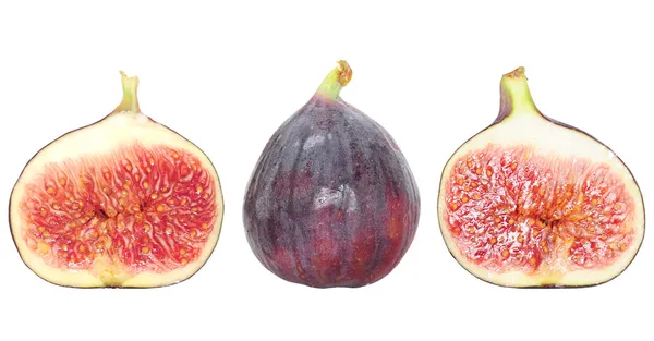 Frutas frescas de figo e metades de figo isoladas a branco — Fotografia de Stock