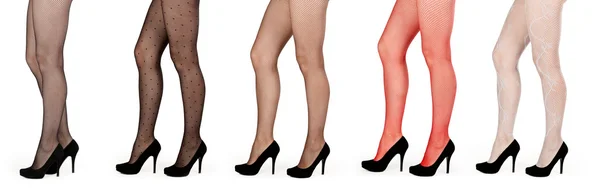 Колаж з п'яти пар жіночих ніг в колготках і взутті — стокове фото