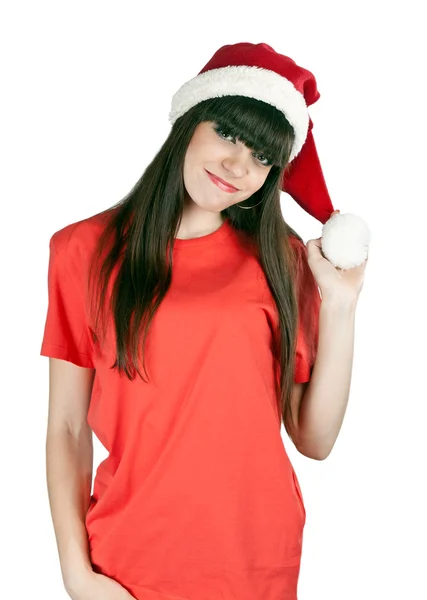 Menina em um vestido vermelho e chapéu santa — Fotografia de Stock