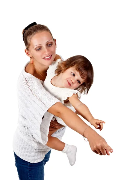 Little girl in the arms of my mother, point the finger — Stock Photo, Image