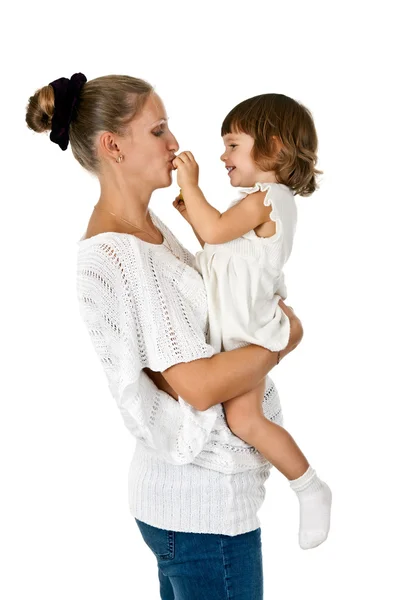 Little girl at the hands of the mother feeds her and plum — Stock Photo, Image
