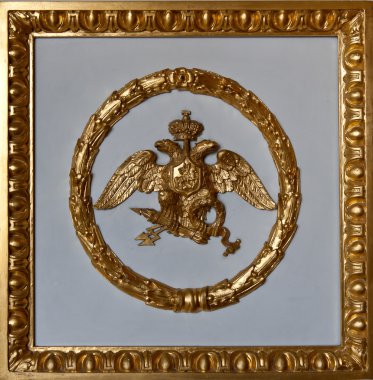 Gold double eagle in a frame on a gray background. clipart