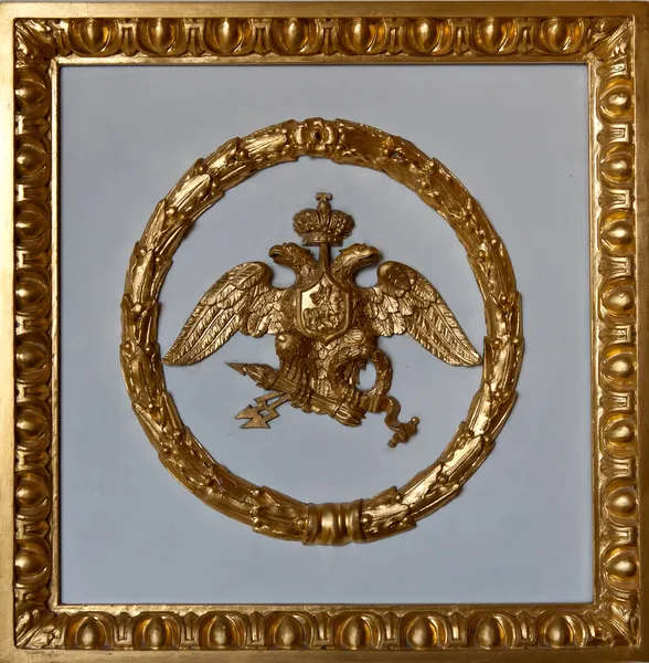 Gold double eagle in a frame on a gray background. — Stock Photo, Image