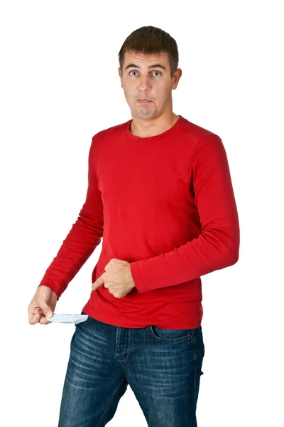 Muž se zobrazí prázdné kapsy — Stock fotografie