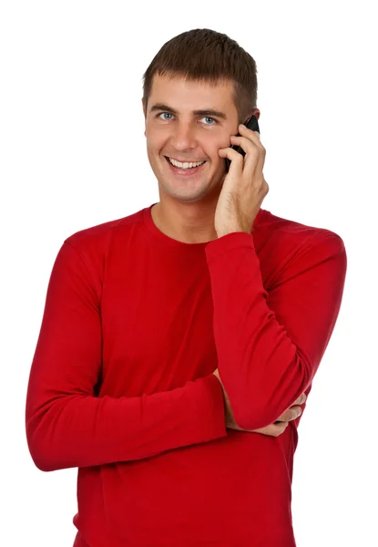 빨간 옷 입은 남자는 휴대폰에 말한다. — 스톡 사진