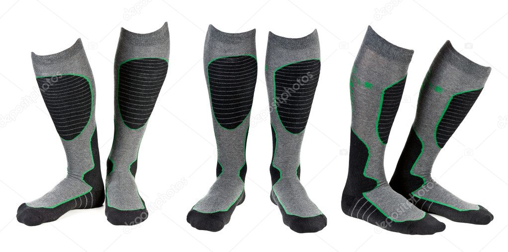A collage of three pairs of gray ski socks