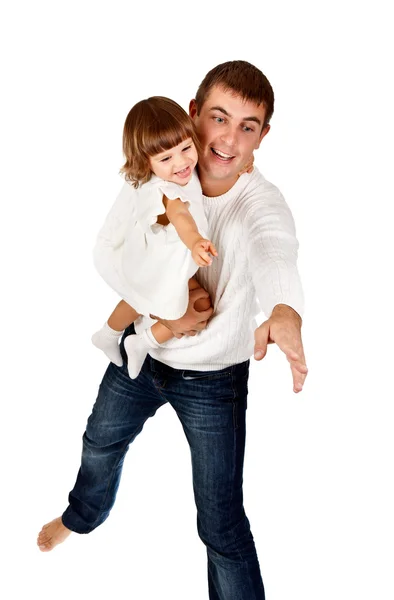 Dad and daughter shown his hand in the studio — Stock Photo, Image