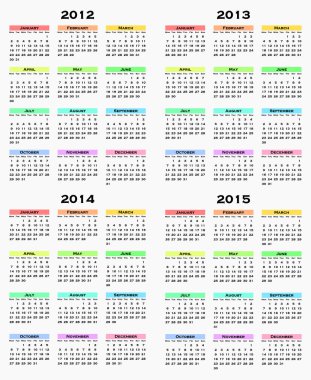 Colorful calendar for years 2012 - 2015 clipart