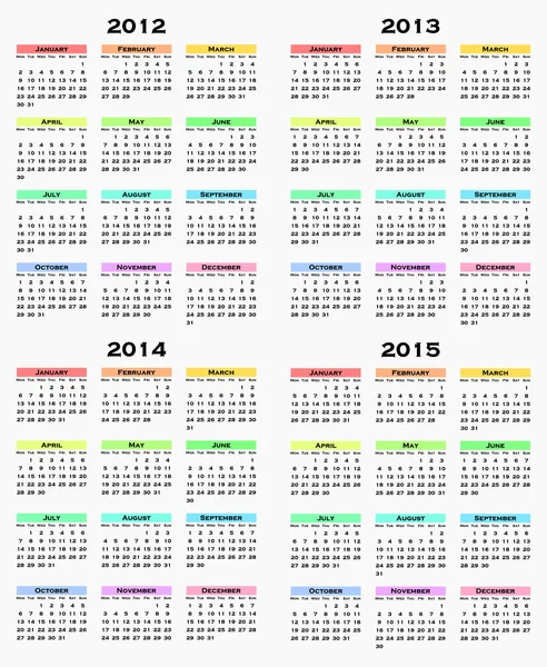 Yıl 2012-2015 için renkli takvim — Stok fotoğraf