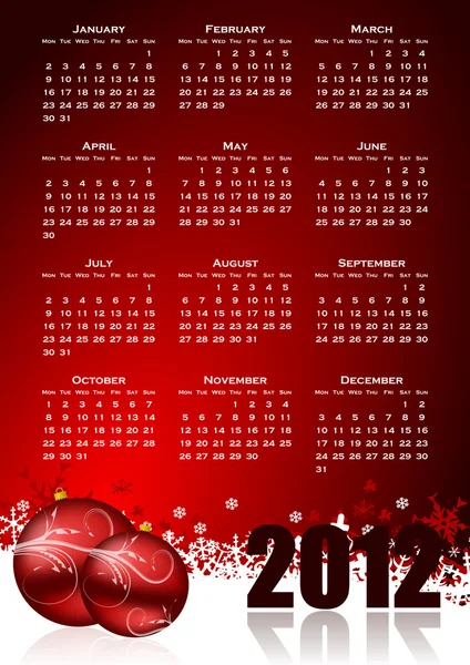 Calendario para 2012 año con bolas de Navidad y copos de nieve —  Fotos de Stock