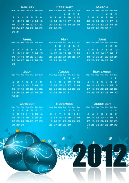 Calendario para 2012 año con bolas de Navidad y copos de nieve —  Fotos de Stock