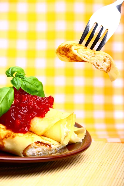 stock image Sweet pancake with cottage cheese and cherry jam