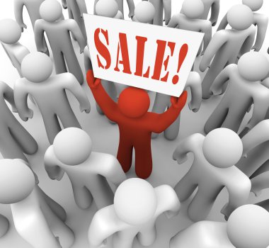 Person Holding Sale Sign in Crowd Advertising Savings clipart