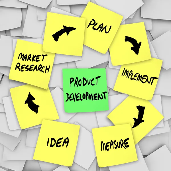 Plan de diagrama de desarrollo de productos en notas adhesivas —  Fotos de Stock